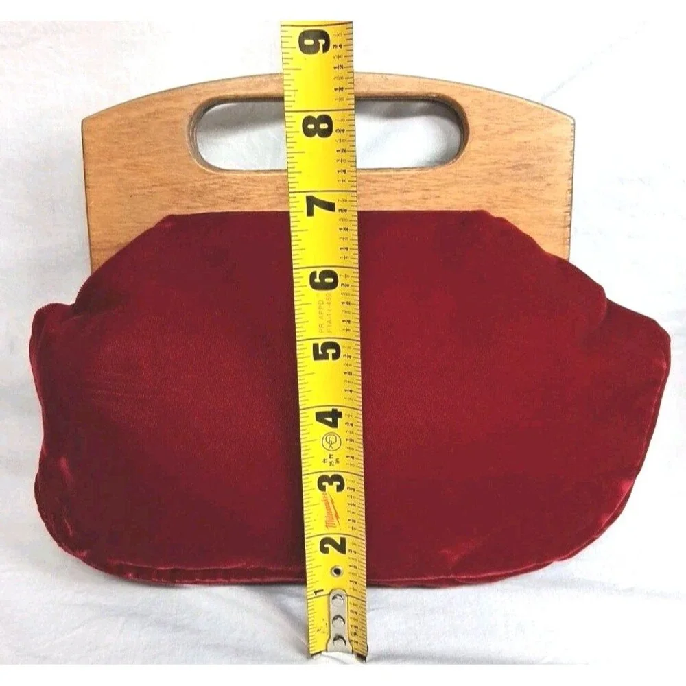 Vintage 70s Clutch Wood Handle Purse Velvet Boho Mid Century - Modern Minimalist